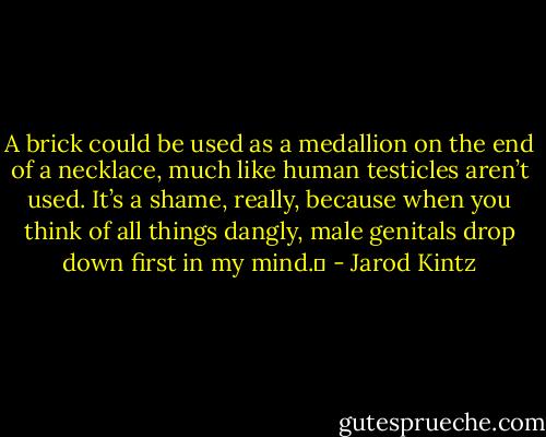 A brick could be used as a medallion on the end of a necklace, much like human testicles aren’t used. It’s a shame, really, because when you think of all things dangly, male genitals drop down first in my mind.  - Jarod Kintz