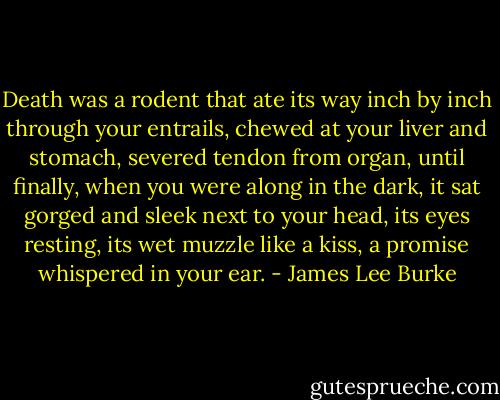 Death was a rodent that ate its way inch by inch through your entrails, chewed at your liver and stomach, severed tendon from organ, until finally, when you were along in the dark, it sat gorged and sleek next to your head, its eyes resting, its wet muzzle like a kiss, a promise whispered in your ear. - James Lee Burke