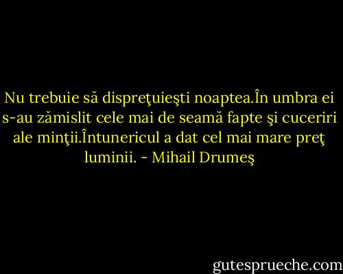 Nu trebuie să dispreţuieşti noaptea.În umbra ei s-au zămislit cele mai de seamă fapte şi cuceriri ale minţii.Întunericul a dat cel mai mare preţ luminii. - Mihail Drumeş