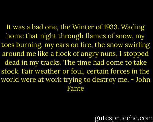 It was a bad one, the Winter of 1933. Wading home that night through flames of snow, my toes burning, my ears on fire, the snow swirling around me like a flock of angry nuns, I stopped dead in my tracks. The time had come to take stock. Fair weather or foul, certain forces in the world were at work trying to destroy me. - John Fante