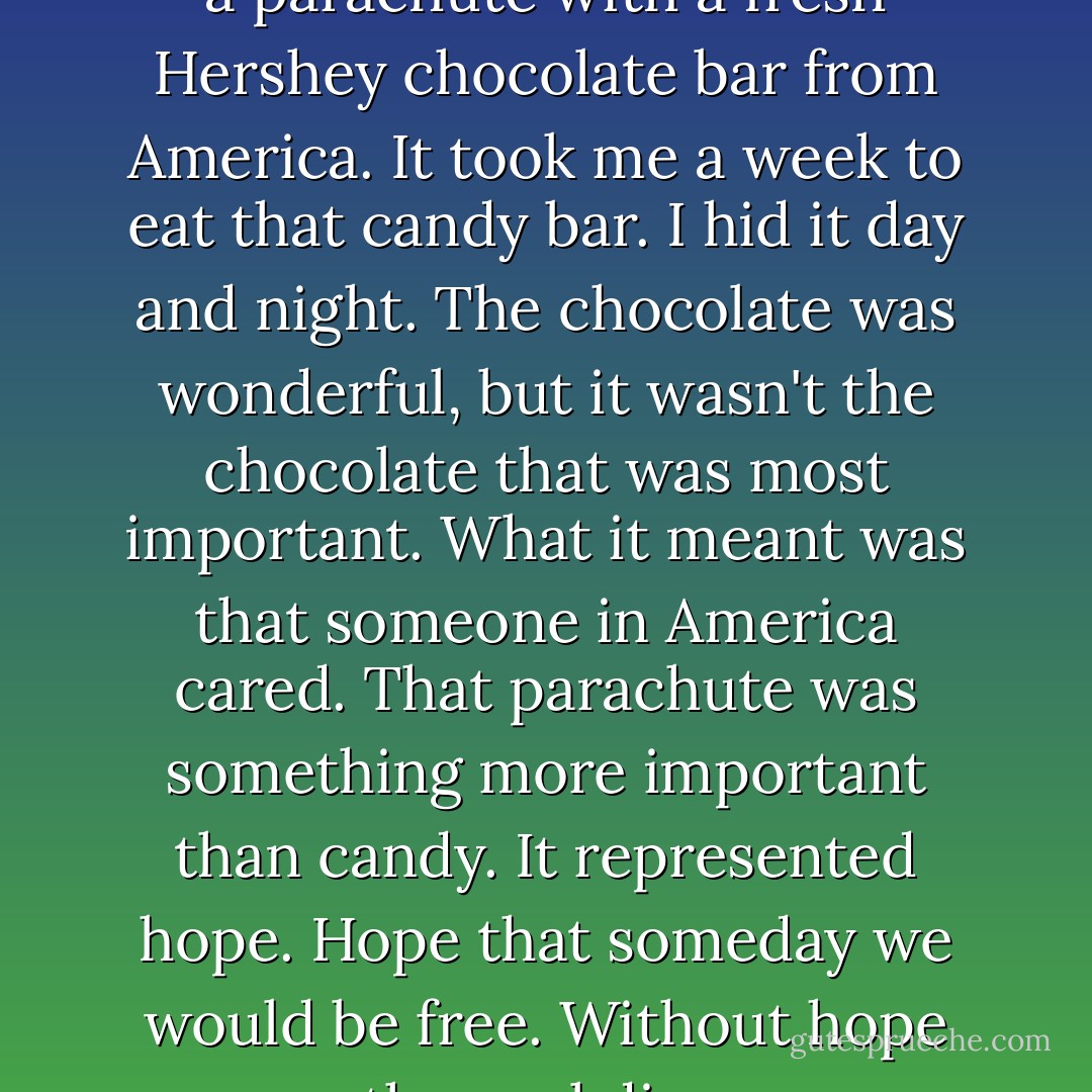 Suddenly, out of the mist came a parachute with a fresh Hershey chocolate bar from America. It took me a week to eat that candy bar. I hid it day and night. The chocolate was wonderful, but it wasn't the chocolate that was most important. What it meant was that someone in America cared. That parachute was something more important than candy. It represented hope. Hope that someday we would be free. Without hope the soul dies. - Michael O. Tunnell