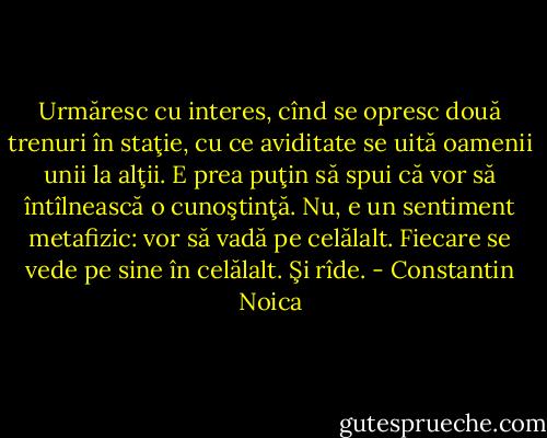Urmăresc cu interes, cînd se opresc două trenuri în staţie, cu ce aviditate se uită oamenii unii la alţii. E prea puţin să spui că vor să întîlnească o cunoştinţă. Nu, e un<br />sentiment metafizic: vor să vadă pe<br />celălalt.<br />Fiecare se vede pe sine în celălalt. Şi rîde. - Constantin Noica