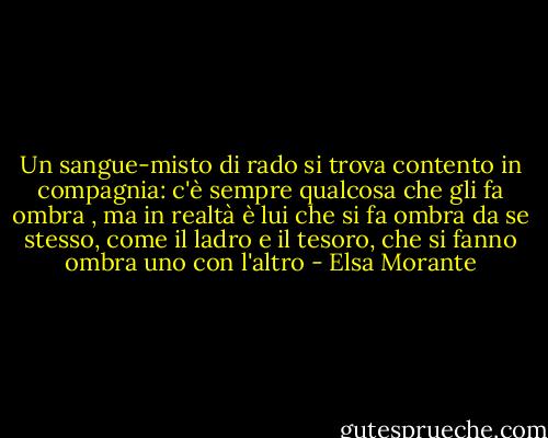 Un sangue-misto di rado si trova contento in compagnia: c'è sempre qualcosa che gli fa ombra , ma in realtà è lui che si fa ombra da se stesso, come il ladro e il tesoro, che si fanno ombra uno con l'altro - Elsa Morante
