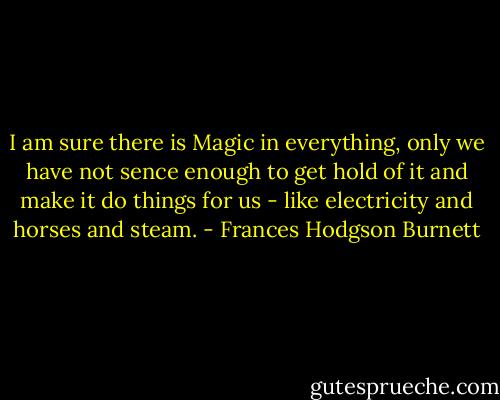 I am sure there is Magic in everything, only we have not sence enough to get hold of it and make it do things for us - like electricity and horses and steam. - Frances Hodgson Burnett
