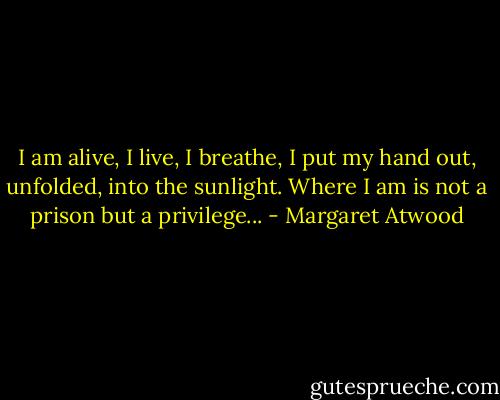 I am alive, I live, I breathe, I<br />put my hand out, unfolded, into the sunlight. Where I am is not a prison but a privilege... - Margaret Atwood