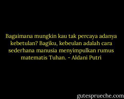 Bagaimana mungkin kau tak percaya adanya kebetulan? Bagiku, kebeulan adalah cara sederhana manusia menyimpulkan rumus matematis Tuhan. - Aldani Putri