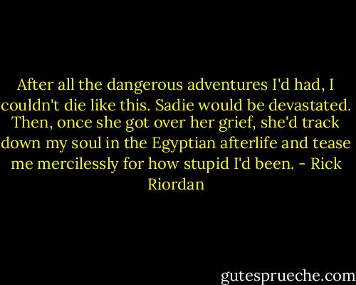 After all the dangerous adventures I'd had, I couldn't die like this. Sadie would be devastated. Then, once she got over her grief, she'd track down my soul in the Egyptian afterlife and tease me mercilessly for how stupid I'd been. - Rick Riordan
