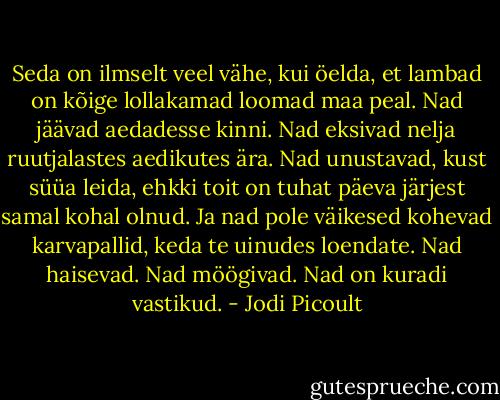 Seda on ilmselt veel vähe, kui öelda, et lambad on kõige lollakamad loomad maa peal. Nad jäävad aedadesse kinni. Nad eksivad nelja ruutjalastes aedikutes ära. Nad unustavad, kust süüa leida, ehkki toit on tuhat päeva järjest samal kohal olnud. Ja nad pole väikesed kohevad karvapallid, keda te uinudes loendate. Nad haisevad. Nad möögivad. Nad on kuradi vastikud. - Jodi Picoult