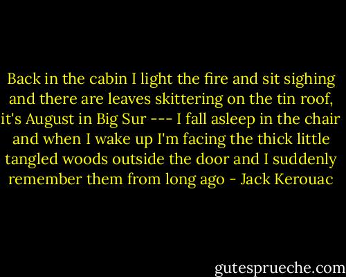 Back in the cabin I light the fire and sit sighing and there are leaves skittering on the tin roof, it's August in Big Sur --- I fall asleep in the chair and when I wake up I'm facing the thick little tangled woods outside the door and I suddenly remember them from long ago - Jack Kerouac