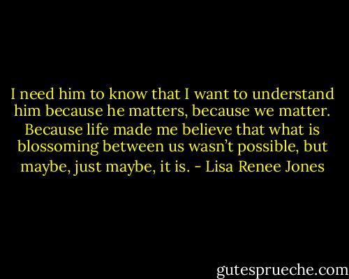 I need him to know that I want to understand him because he matters, because we matter. Because life made me believe that what is blossoming between us wasn’t possible, but maybe, just maybe, it is. - Lisa Renee Jones