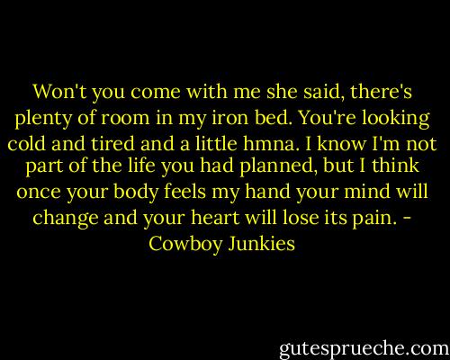 Won't you come with me she said, there's plenty of room in my iron bed. You're looking cold and tired and a little hmna. I know I'm not part of the life you had planned, but I think once your body feels my hand your mind will change and your heart will lose its pain. - Cowboy Junkies