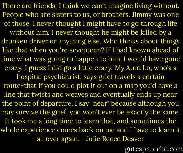 There are friends, I think we can't imagine living without. People who are sisters to us, or brothers. Jimmy was one of those. I never thought I might have to go through life without him. I never thought he might be killed by a drunken driver or anything else. Who thinks about things like that when you're seventeen? If I had known ahead of time what was going to happen to him, I would have gone crazy. I guess I did go a little crazy. My Aunt Lo, who's a hospital psychiatrist, says grief travels a certain route-that if you could plot it out on a map you'd have a line that twists and weaves and eventually ends up near the point of departure. I say "near" because although<br />you may survive the grief, you won't ever be exactly the same. It took me a long time to learn that, and sometimes the whole experience comes back on me and I have to learn it all over again. - Julie Reece Deaver