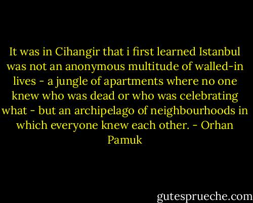 It was in Cihangir that i first learned Istanbul was not an anonymous multitude of walled-in lives - a jungle of apartments where no one knew who was dead or who was celebrating what - but an archipelago of neighbourhoods in which everyone knew each other. - Orhan Pamuk