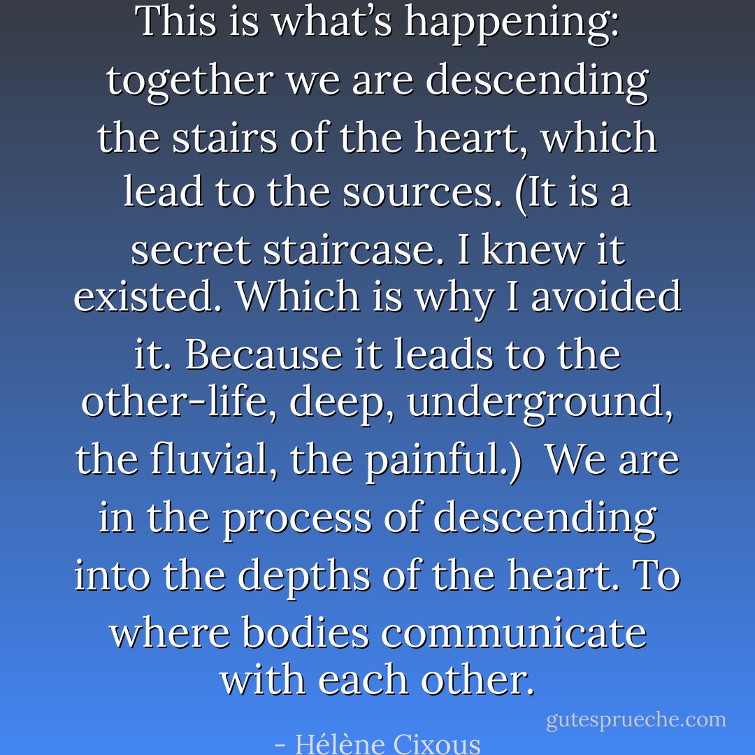 This is what’s happening: together we are descending the stairs of the heart, which lead to the sources. (It is a secret staircase. I knew it existed. Which is why I avoided it. Because it leads to the other-life, deep, underground, the fluvial, the painful.)<br /><br />We are in the process of descending into the depths of the heart. To where bodies communicate with each other. - Hélène Cixous