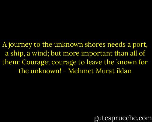 A journey to the unknown shores needs a port, a ship, a wind; but more important than all of them: Courage; courage to leave the known for the unknown! - Mehmet Murat ildan