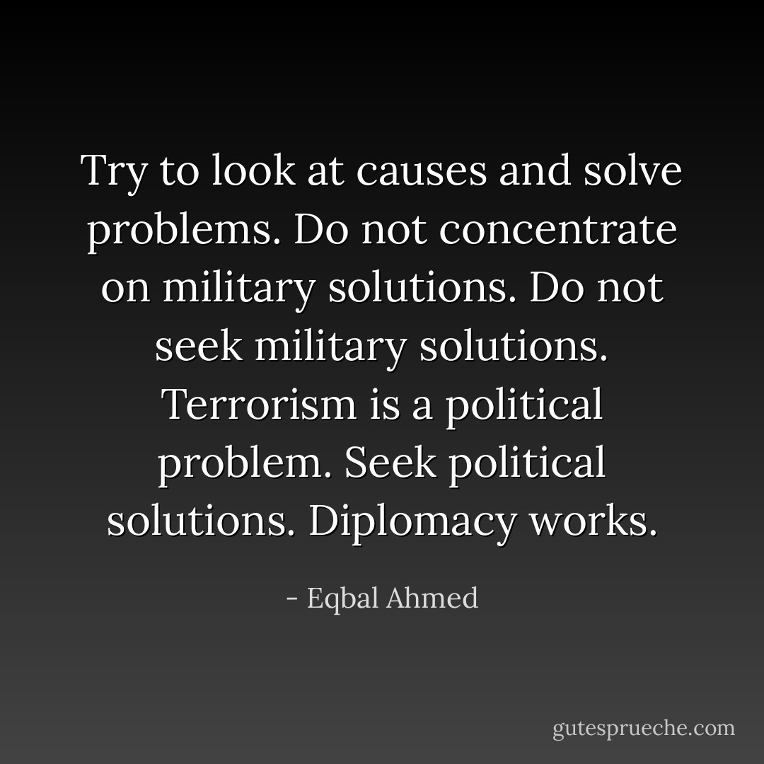 Try to look at causes and solve problems. Do not concentrate on military solutions. Do not seek military solutions. Terrorism is a political problem. Seek political solutions. Diplomacy works. - Eqbal Ahmed