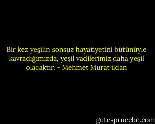Bir kez yeşilin sonsuz hayatiyetini bütünüyle kavradığımızda, yeşil vadilerimiz daha yeşil olacaktır. - Mehmet Murat ildan