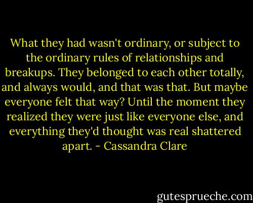 What they had wasn't ordinary, or subject to the ordinary rules of relationships and breakups. They belonged to each other totally, and always would, and that was that. But maybe everyone felt that way? Until the moment they realized they were just like everyone else, and everything they'd thought was real shattered apart. - Cassandra Clare