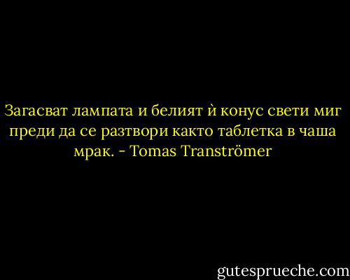 Загасват лампата и белият ѝ конус свети миг<br />преди да се разтвори както<br />таблетка в чаша мрак. - Tomas Tranströmer