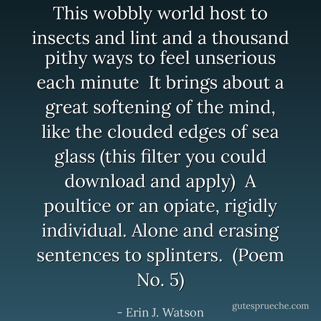This wobbly world<br />host to insects and lint<br />and a thousand pithy ways<br />to feel unserious each minute<br /><br />It brings about<br />a great softening of the mind, like<br />the clouded edges of sea glass (this<br />filter you could download and apply)<br /><br />A poultice or an opiate,<br />rigidly individual. Alone<br />and erasing sentences to splinters.<br /><br />(Poem No. 5) - Erin J. Watson