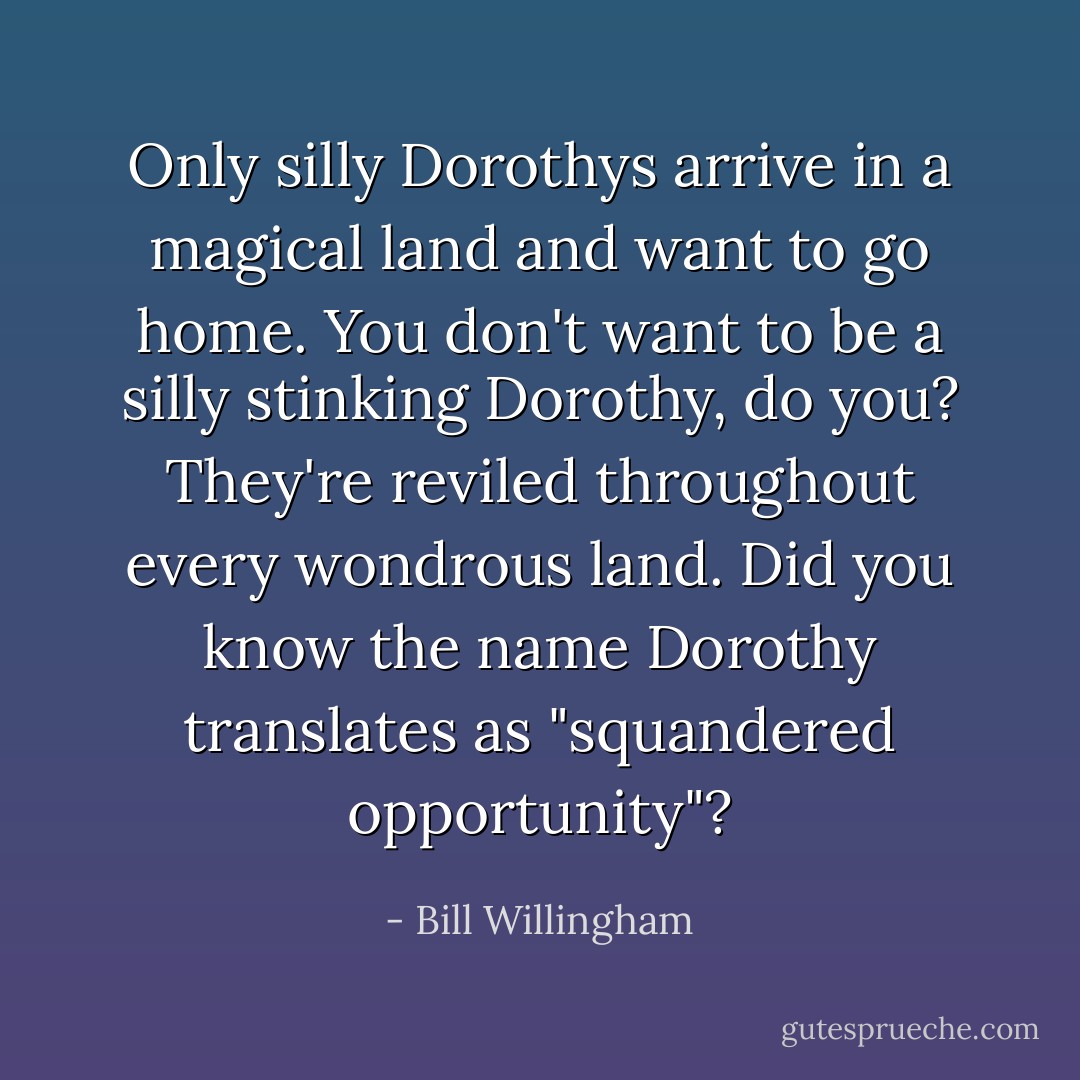 Only silly Dorothys arrive in a magical land and want to go home. You don't want to be a silly stinking Dorothy, do you? They're reviled throughout every wondrous land. Did you know the name Dorothy translates as "squandered opportunity"? - Bill Willingham