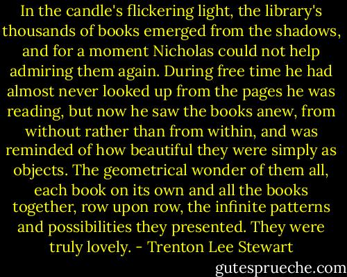 In the candle's flickering light, the library's thousands of books emerged from the shadows, and for a moment Nicholas could not help admiring them again. During free time he had almost never looked up from the pages he was reading, but now he saw the books anew, from without rather than from within, and was reminded of how beautiful they were simply as objects. The geometrical wonder of them all, each book on its own and all the books together, row upon row, the infinite patterns and possibilities they presented. They were truly lovely. - Trenton Lee Stewart