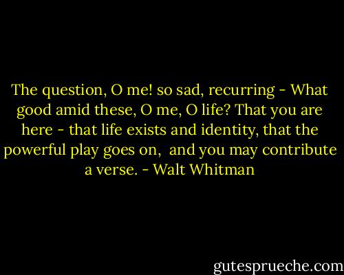 The question, O me! so sad, recurring -<br />What good amid these, O me, O life?<br />That you are here - that life<br />exists and identity,<br />that the powerful play goes on, <br />and you may contribute a verse. - Walt Whitman