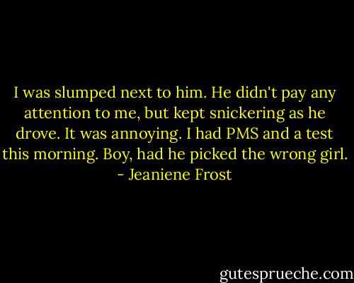 I was slumped next to him. He didn't pay any attention to me, but kept snickering as he drove. It was annoying. I had PMS and a test this morning. Boy, had he picked the wrong girl. - Jeaniene Frost