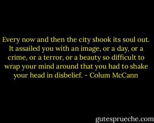 Every now and then the city shook its soul out. It assailed you with an image, or a day, or a crime, or a terror, or a beauty so difficult to wrap your mind around that you had to shake your head in disbelief. - Colum McCann