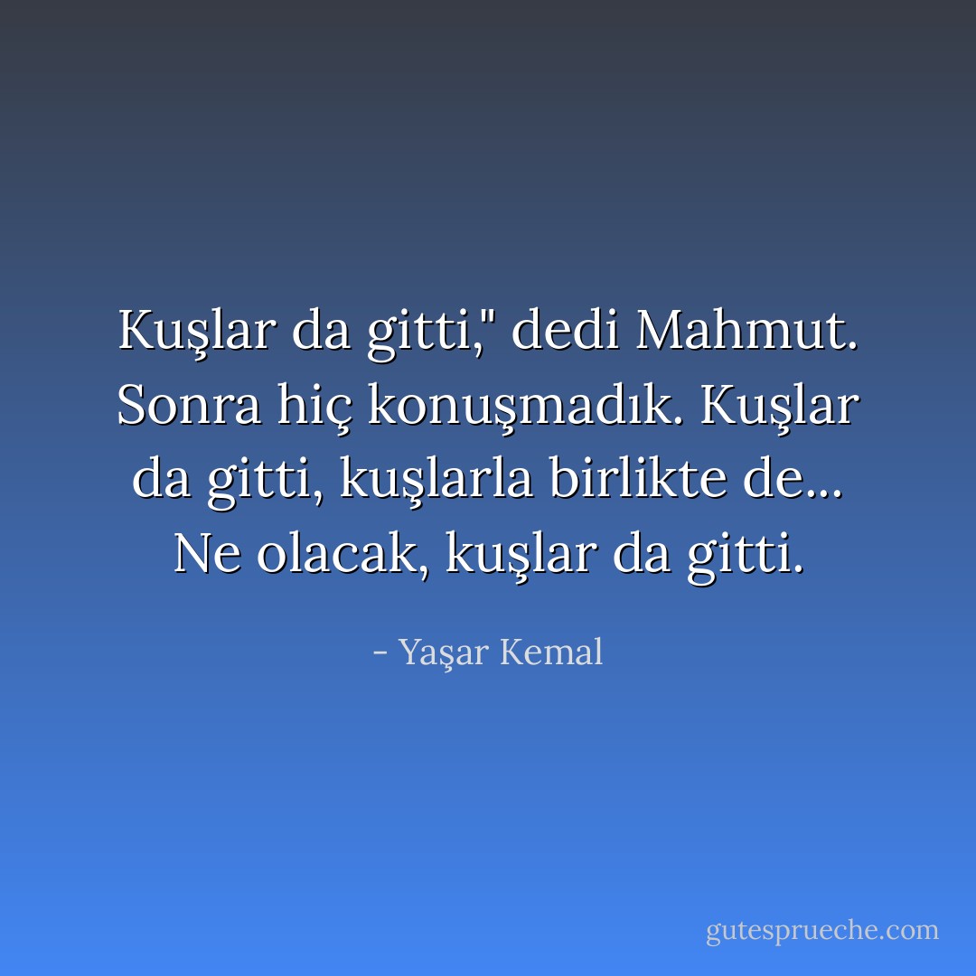Kuşlar da gitti," dedi Mahmut.<br />Sonra hiç konuşmadık. Kuşlar da gitti, kuşlarla birlikte de... Ne olacak, kuşlar da gitti. - Yaşar Kemal