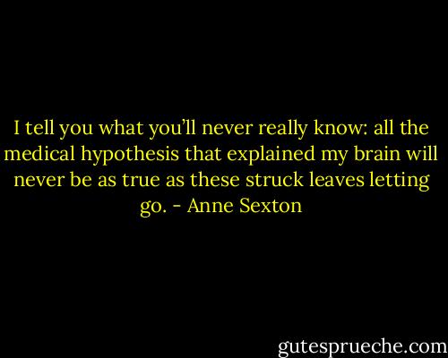 I tell you what you’ll never really know:<br />all the medical hypothesis<br />that explained my brain will never be as true as these<br />struck leaves letting go. - Anne Sexton
