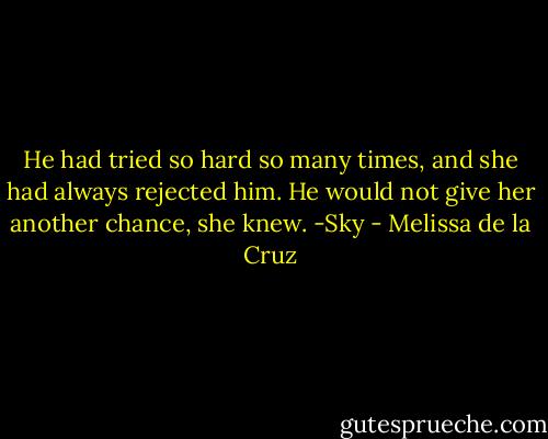 He had tried so hard so many times, and she had always rejected him. He would not give her another chance, she knew.<br />-Sky - Melissa de la Cruz