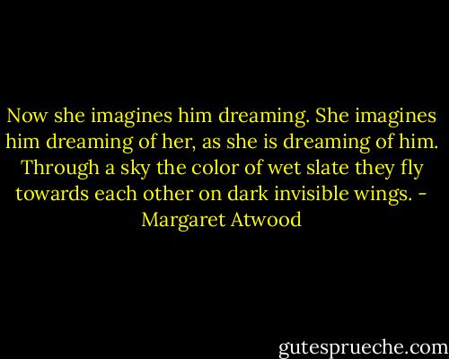 Now she imagines him dreaming. She imagines him dreaming of her, as she is dreaming of him. Through a sky the color of wet slate they fly towards each other on dark invisible wings. - Margaret Atwood