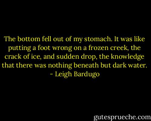 The bottom fell out of my stomach. It was like putting a foot wrong on a frozen creek, the crack of ice, and sudden drop, the knowledge that there was nothing beneath but dark water. - Leigh Bardugo