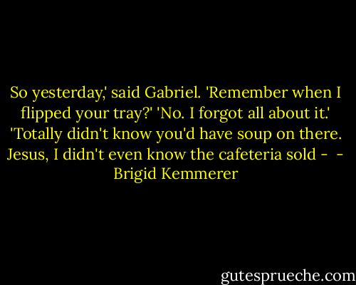 So yesterday,' said Gabriel. 'Remember when I flipped your tray?'<br />'No. I forgot all about it.'<br />'Totally didn't know you'd have soup on there. Jesus, I didn't even know the cafeteria sold -  - Brigid Kemmerer