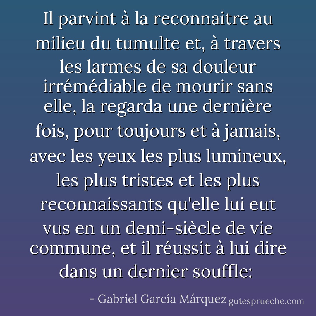 Il parvint à la reconnaitre au milieu du tumulte et, à travers les larmes de sa douleur irrémédiable de mourir sans elle, la regarda une dernière fois, pour toujours et à jamais, avec les yeux les plus lumineux, les plus tristes et les plus reconnaissants qu'elle lui eut vus en un demi-siècle de vie commune, et il réussit à lui dire dans un dernier souffle:  - Gabriel García Márquez