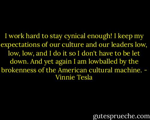 I work hard to stay cynical enough! I keep my expectations of our culture and our leaders low, low, low, and I do it so I don't have to be let down. And yet again I am lowballed by the brokenness of the American cultural machine. - Vinnie Tesla