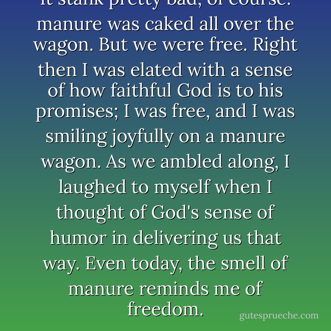 It stank pretty bad, of course: manure was caked all over the wagon. But we were free. Right then I was elated with a sense of how faithful God is to his promises; I was free, and I was smiling joyfully on a manure wagon. As we ambled along, I laughed to myself when I thought of God's sense of humor in delivering us that way. Even today, the smell of manure reminds me of freedom. - Diet Eman