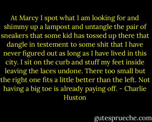 At Marcy I spot what I am looking for and shimmy up a lampost and untangle the pair of sneakers that some kid has tossed up there that dangle in testement to some shit that I have never figured out as long as I have lived in this city. I sit on the curb and stuff my feet inside leaving the laces undone. There too small but the right one fits a little better than the left. Not having a big toe is already paying off. - Charlie Huston