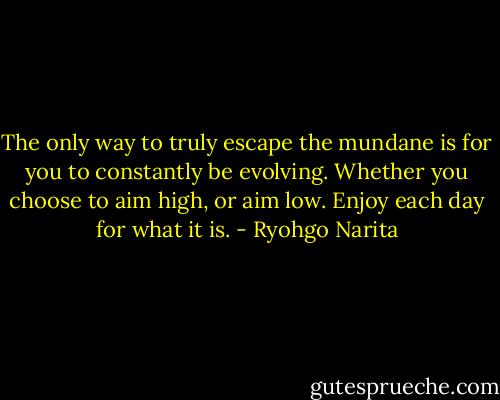 The only way to truly escape the mundane is for you to constantly be evolving. Whether you choose to aim high, or aim low. Enjoy each day for what it is. - Ryohgo Narita