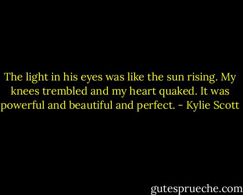 The light in his eyes was like the sun rising. My knees trembled and my heart quaked. It was powerful and beautiful and perfect. - Kylie Scott