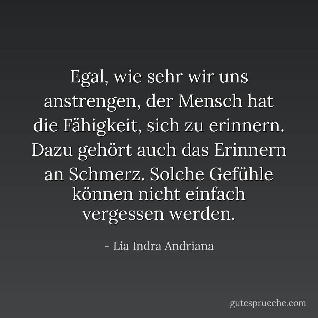 Egal, wie sehr wir uns anstrengen, der Mensch hat die Fähigkeit, sich zu erinnern. Dazu gehört auch das Erinnern an Schmerz. Solche Gefühle können nicht einfach vergessen werden. - Lia Indra Andriana<