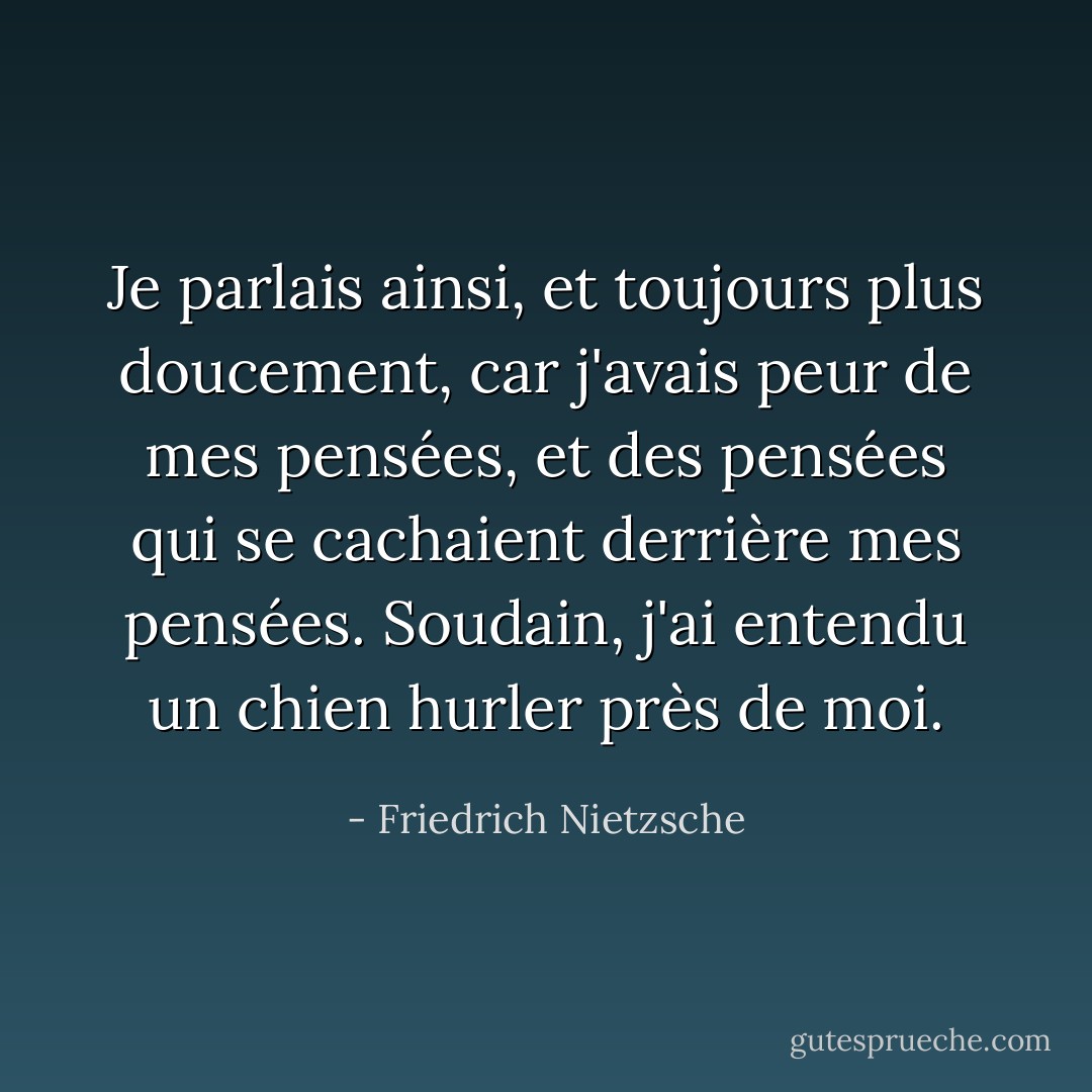 Je parlais ainsi, et toujours plus doucement, car j'avais peur de mes pensées, et des pensées qui se cachaient derrière mes pensées. Soudain, j'ai entendu un chien hurler près de moi. - Friedrich Nietzsche