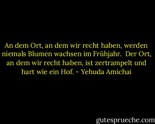 An dem Ort, an dem wir recht haben,<br />werden niemals Blumen wachsen<br />im Frühjahr.<br /><br />Der Ort, an dem wir recht haben,<br />ist zertrampelt und hart<br />wie ein Hof. - Yehuda Amichai
