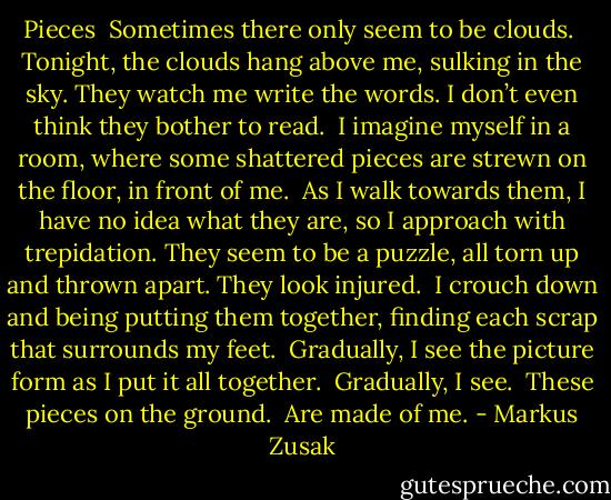 Pieces<br /><br />Sometimes there only seem to be clouds.<br /><br />Tonight, the clouds hang above me, sulking in the sky. They watch me write the words. I don’t even think they bother to read.<br /><br />I imagine myself in a room, where some shattered pieces are strewn on the floor, in front of me.<br /><br />As I walk towards them, I have no idea what they are, so I approach with trepidation. They seem to be a puzzle, all torn up and thrown apart. They look injured.<br /><br />I crouch down and being putting them together, finding each scrap that surrounds my feet.<br /><br />Gradually, I see the picture form as I put it all together.<br /><br />Gradually, I see.<br /><br />These pieces on the ground.<br /><br />Are made of me. - Markus Zusak