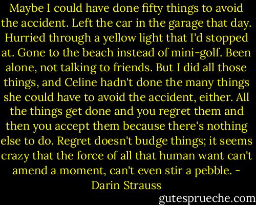Maybe I could have done fifty things to avoid the accident. Left the car in the garage that day. Hurried through a yellow light that I'd stopped at. Gone to the beach instead of mini-golf. Been alone, not talking to friends. But I did all those things, and Celine hadn't done the many things she could have to avoid the accident, either. All the things get done and you regret them and then you accept them because there's nothing else to do. Regret doesn't budge things; it seems crazy that the force of all that human want can't amend a moment, can't even stir a pebble. - Darin Strauss