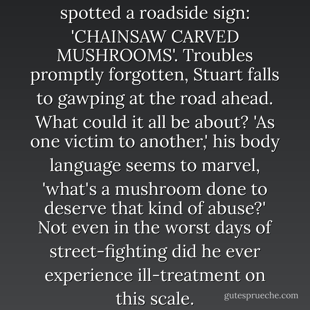 Twenty miles on, we have spotted a roadside sign: 'CHAINSAW CARVED MUSHROOMS'. Troubles promptly forgotten, Stuart falls to gawping at the road ahead. What could it all be about? 'As one victim to another,' his body language seems to marvel, 'what's a mushroom done to deserve that kind of abuse?' Not even in the worst days of street-fighting did he ever experience ill-treatment on this scale. - Alexander Masters