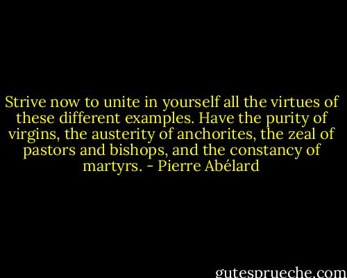 Strive now to unite in yourself all the virtues of these different examples. Have the purity of virgins, the austerity of anchorites, the zeal of pastors and bishops, and the constancy of martyrs. - Pierre Abélard