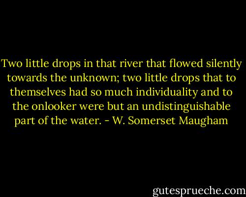 Two little drops in that river that flowed silently towards the unknown; two little drops that to themselves had so much individuality and to the onlooker were but an undistinguishable part of the water. - W. Somerset Maugham