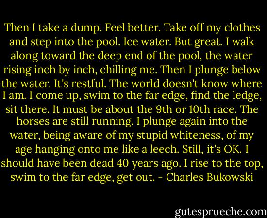 Then I take a dump. Feel better. Take off my clothes and step into the pool. Ice water. But great. I walk along toward the deep end of the pool, the water rising inch by inch, chilling me. Then I plunge below the water. It's restful. The world doesn't know where I am. I come up, swim to the far edge, find the ledge, sit there. It must be about the 9th or 10th race. The horses are still running. I plunge again into the water, being aware of my stupid whiteness, of my age hanging onto me like a leech. Still, it's OK. I should have been dead 40 years ago. I rise to the top, swim to the far edge, get out. - Charles Bukowski